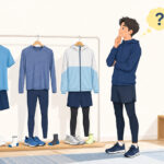複数のランニングウェアを前に、どれを選ぶか考える初心者ランナーのイラスト