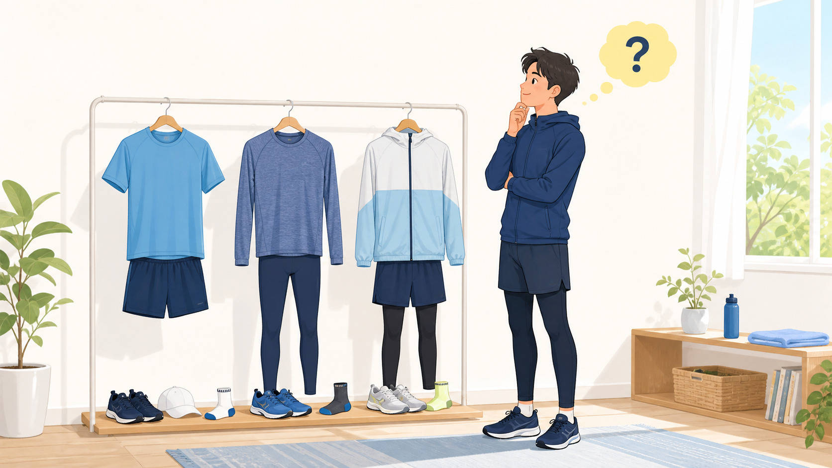 複数のランニングウェアを前に、どれを選ぶか考える初心者ランナーのイラスト