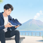桜島を背景に、初めてのランニングシューズを選ぶ初心者のイラスト