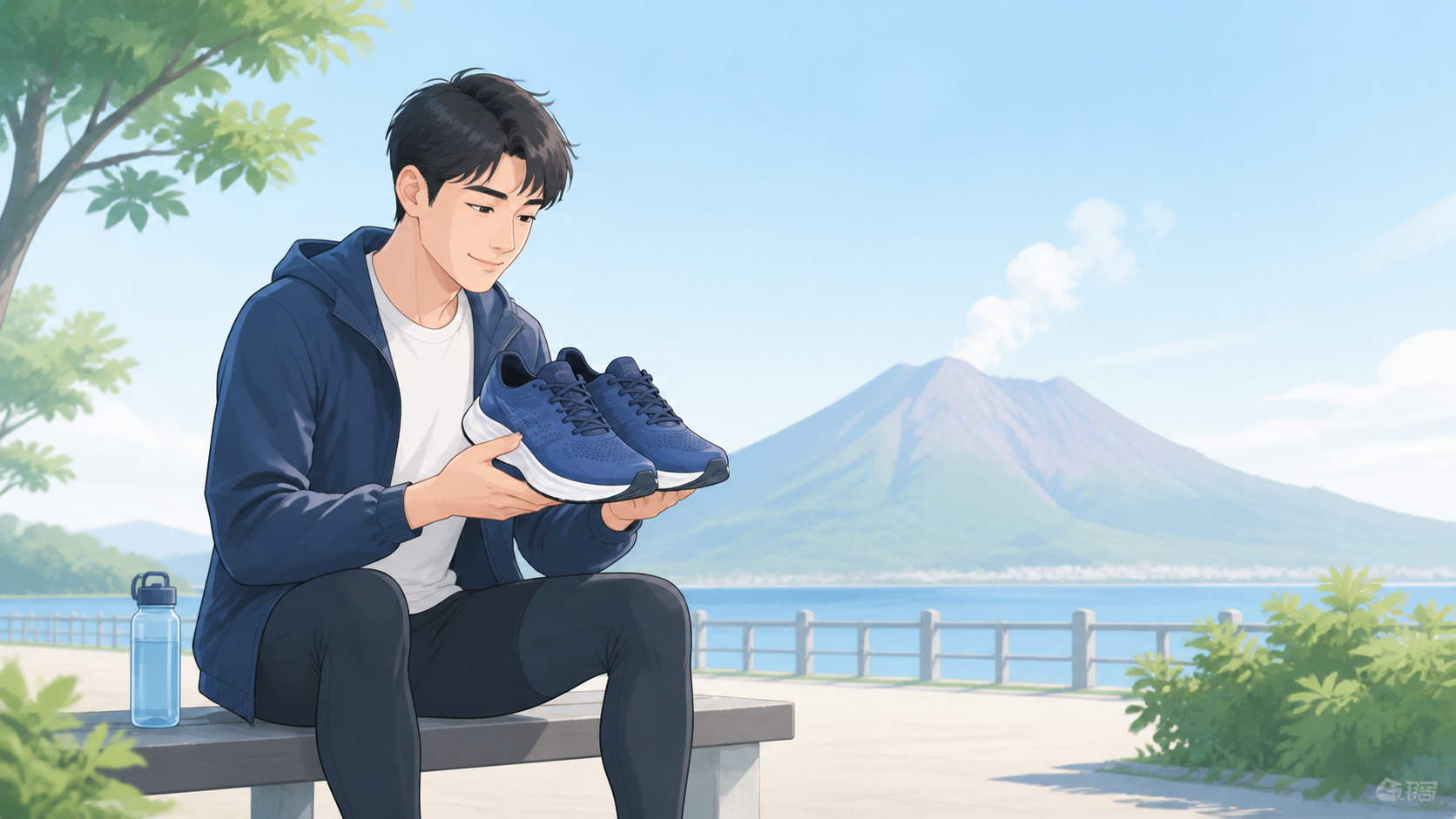 桜島を背景に、初めてのランニングシューズを選ぶ初心者のイラスト