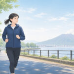 鹿児島の海沿いを穏やかに走り始める初心者ランナーのイラスト