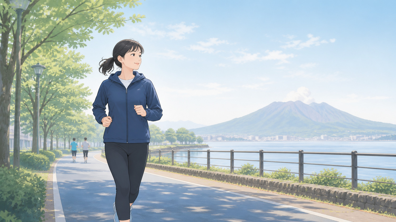 鹿児島の海沿いを穏やかに走り始める初心者ランナーのイラスト