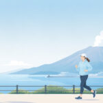 桜島と錦江湾を背景にゆっくりジョギングする初心者ランナーのイラスト
