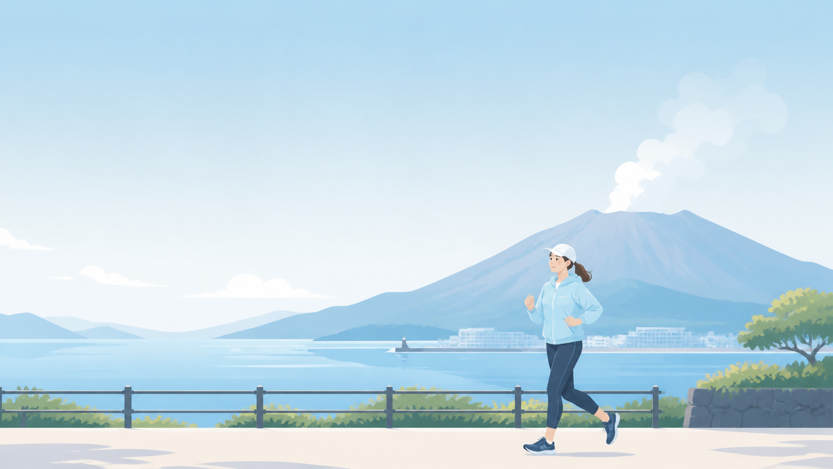 桜島と錦江湾を背景にゆっくりジョギングする初心者ランナーのイラスト