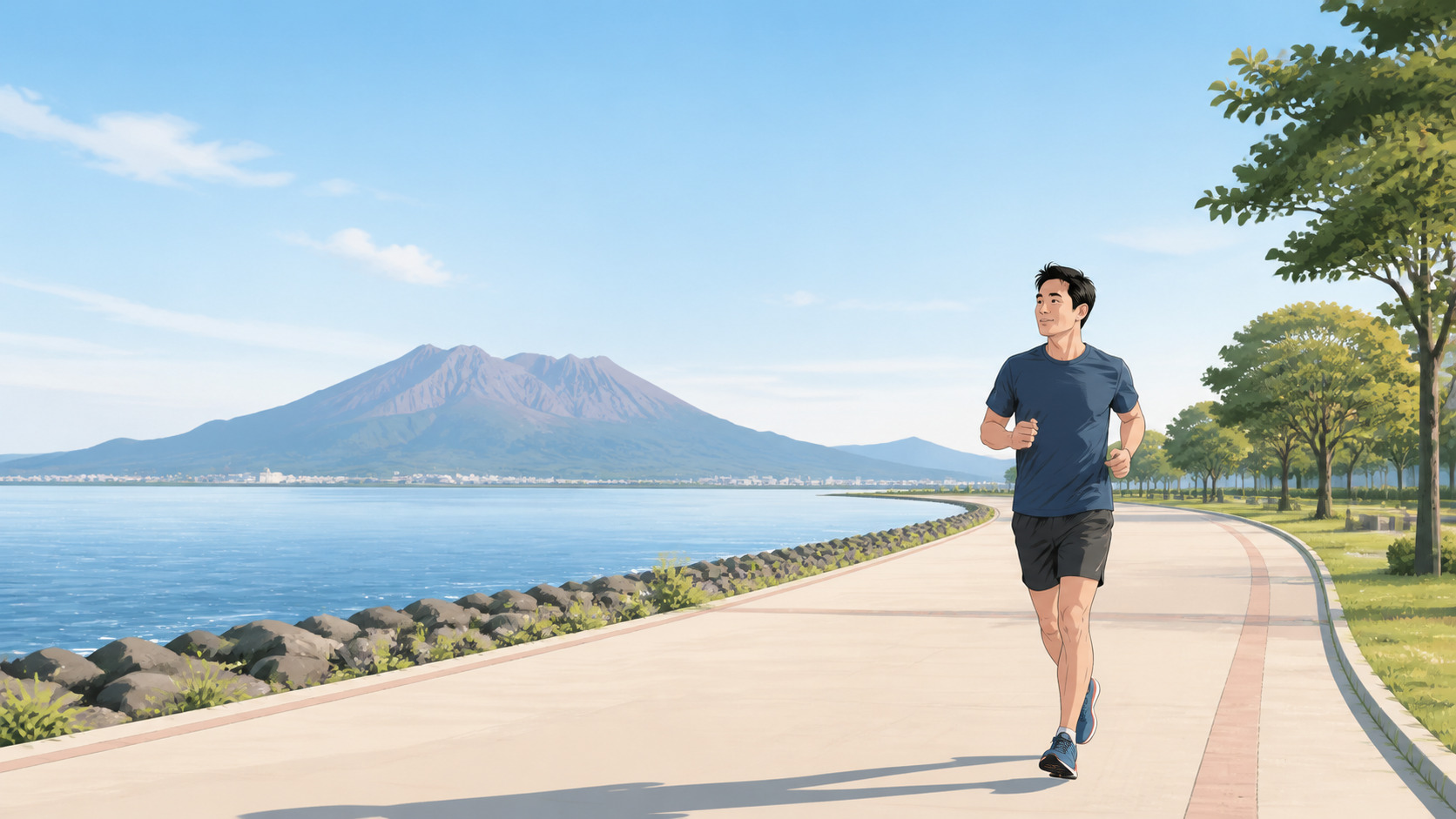 桜島を背景に海沿いを走る市民ランナーのイラスト