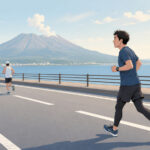 後半に疲労を感じながらマラソンを走る市民ランナーのイラスト