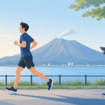 桜島を背景にランニングフォームを確認する市民ランナーとWingRunコーチのイラスト