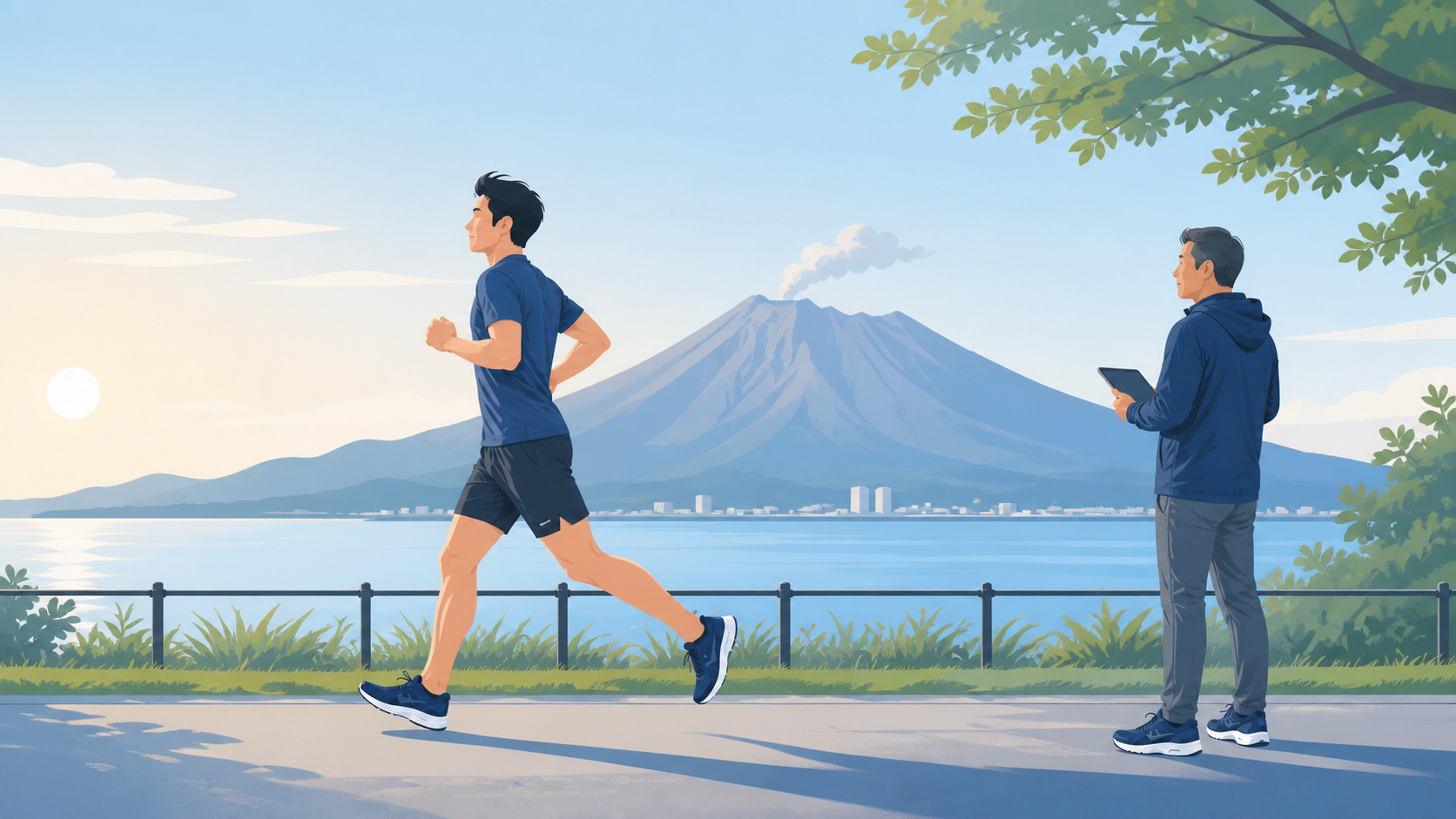 桜島を背景にランニングフォームを確認する市民ランナーとWingRunコーチのイラスト