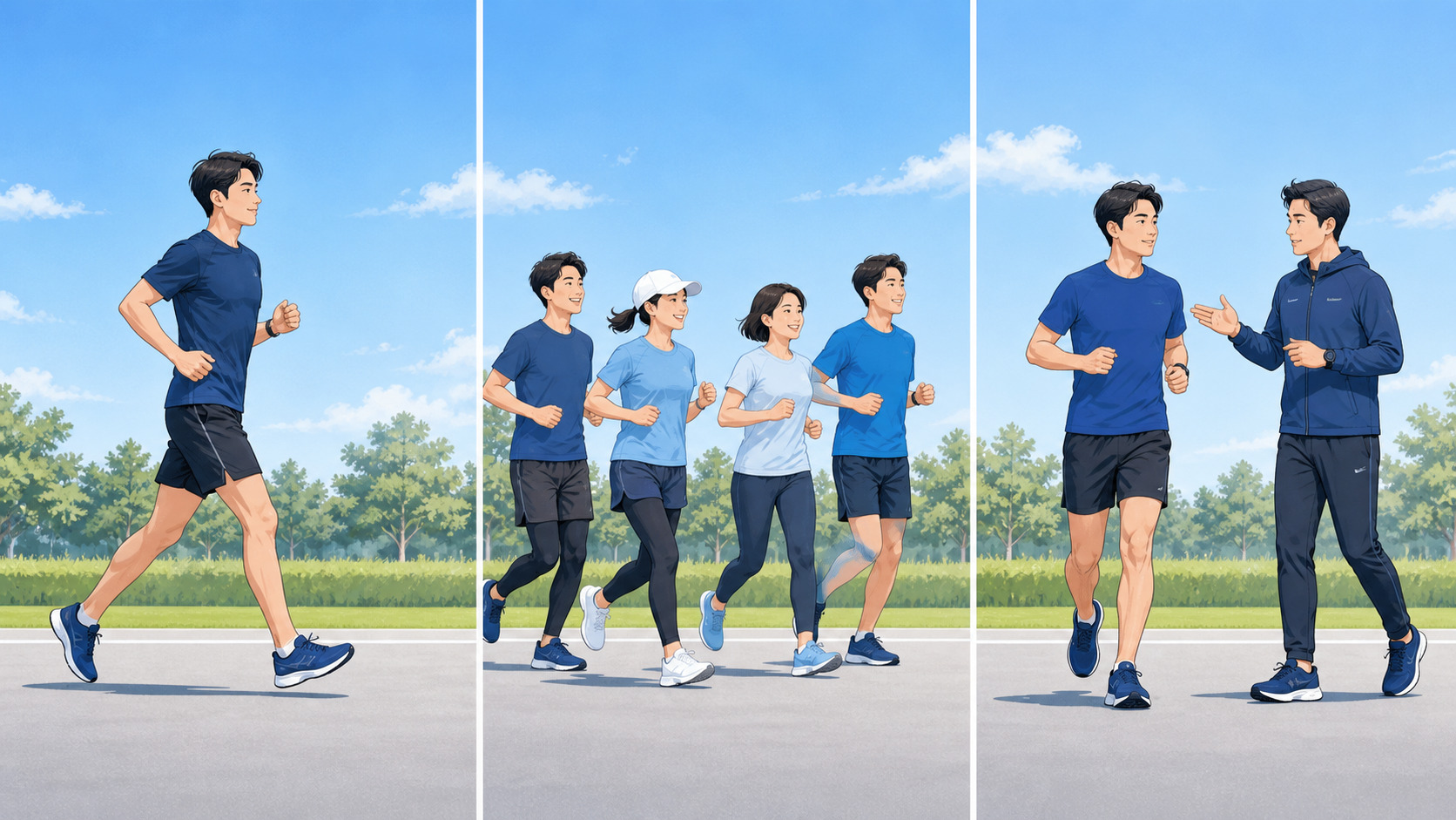 自主練習、ランニングサークル、パーソナルレッスンで走る人のイラスト